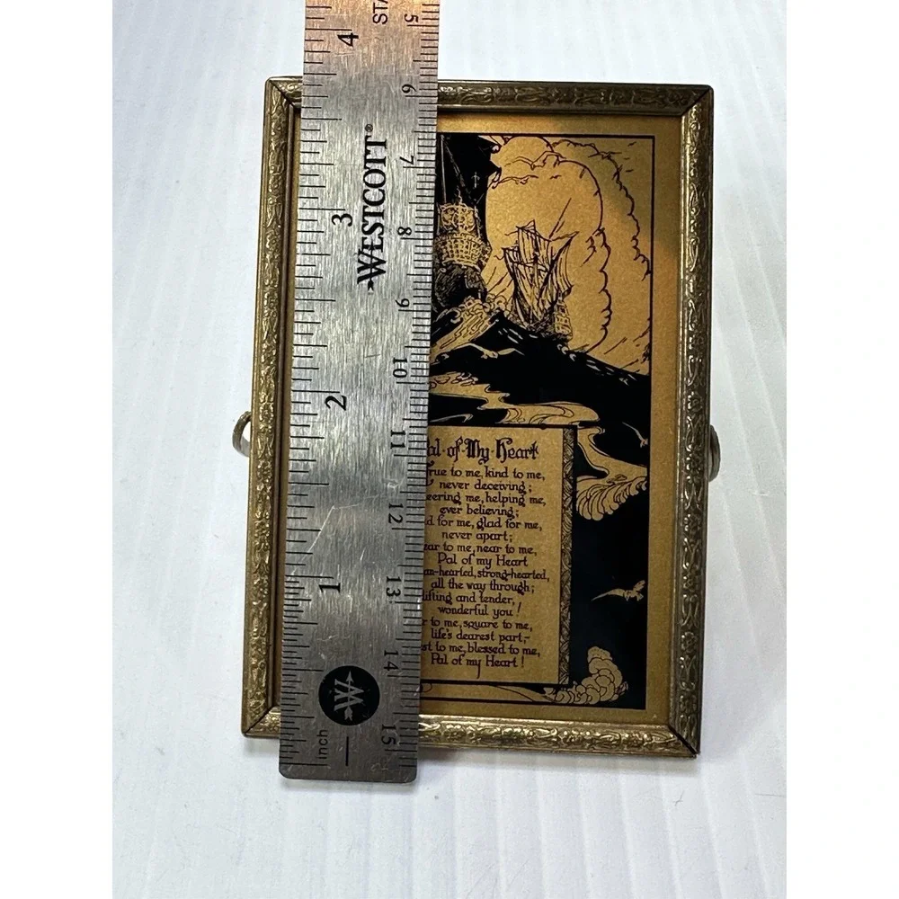 Vintage 1930 Hand Held Mirror Gold Black Ships Poem Pal of My Heart 3.5